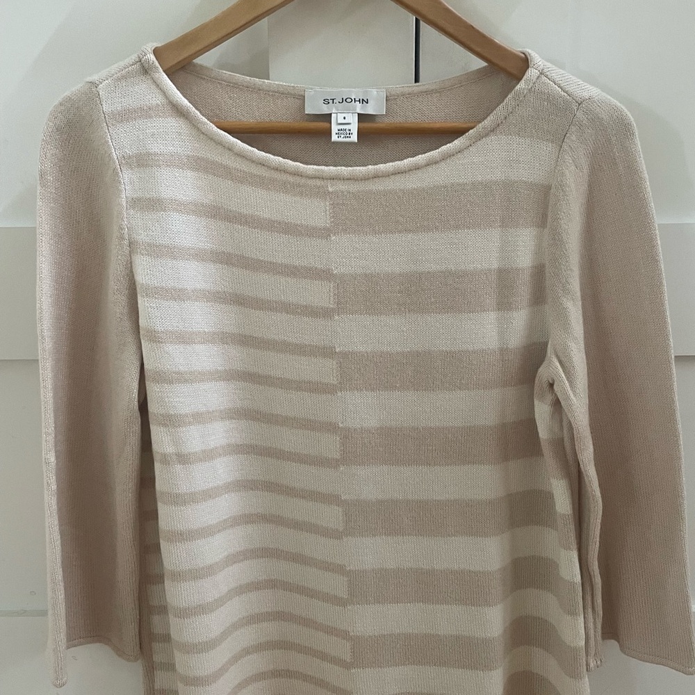 St. John Beige & Cream Striped Scoop Neck Sweater